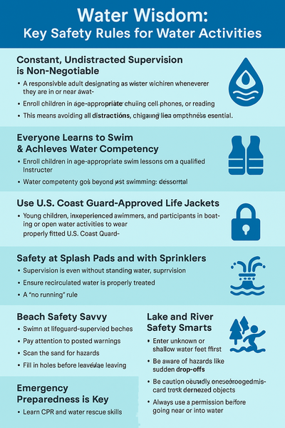 A colorful infographic titled "Water Wisdom: Key Safety Rules for Water Activities" featuring illustrations of children swimming with adult supervision, wearing life jackets, and practicing water safety at pools, lakes, and beaches.