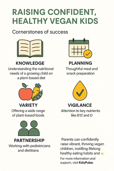Infographic summarizing five keys to raising healthy vegan kids—knowledge, planning, variety, vigilance, and partnership—with icons and KidyPulse branding.