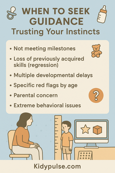 Infographic titled "When to Seek Guidance: Trusting Your Instincts" listing signs for parents to consult a professional, including missed milestones, regression, multiple delays, and extreme behaviors.