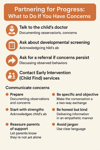 Infographic titled "Partnering for Progress" showing steps parents can take if concerned about child development, plus tips for communicating concerns effectively.
