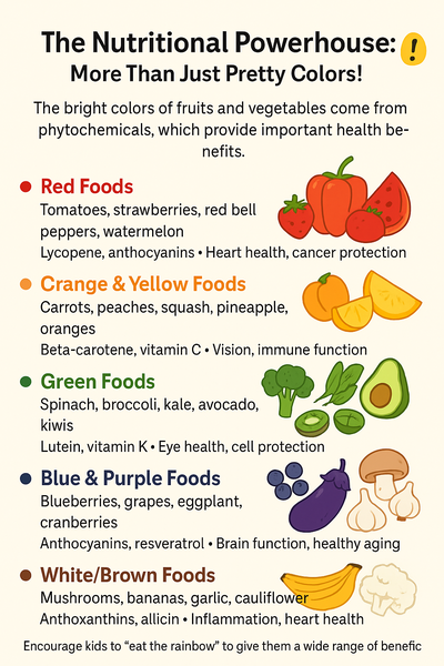 A colorful infographic titled "Beyond Nutrients: How Colors Make Food Fun and Appealing," featuring vibrant illustrations of fruits and vegetables, a rainbow plate, and short tips on how color influences children's food choices and taste perception.