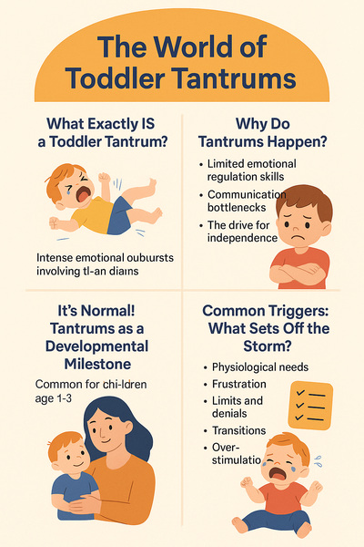 A colorful educational infographic illustrating the nature, causes, and common triggers of toddler tantrums, with cartoon-style toddlers expressing various emotions.