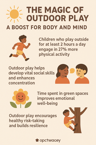 Infographic showing a child sitting calmly outdoors, surrounded by trees and hills, with four labeled sections highlighting the benefits of outdoor play: more physical activity, better focus, improved social skills, and enhanced emotional well-being.