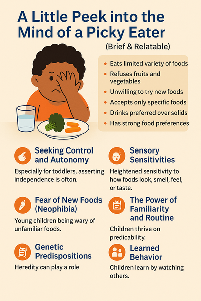 Infographic highlighting traits and reasons behind picky eating, including sensory sensitivities, fear of new foods, and a preference for familiar routines.