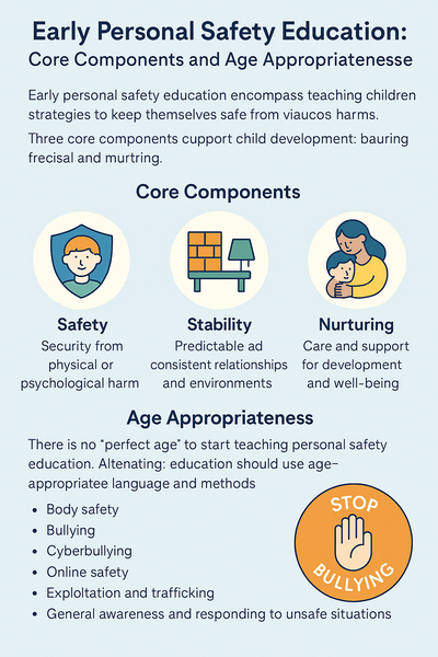 Infographic titled "Early Personal Safety Education" showing three core components—Safety, Stability, and Nurturing—with icons and brief definitions. Includes notes on age-appropriate learning, emphasizing body safety, online safety, and peer pressure awareness.