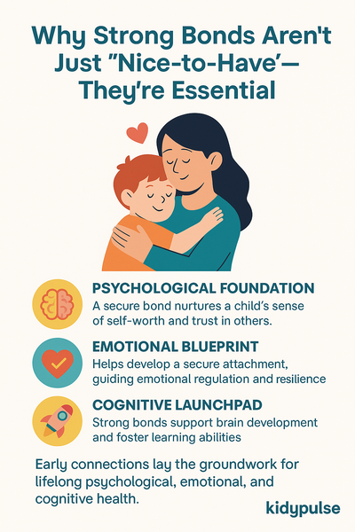 Infographic titled "Why Strong Bonds Arenât Just 'Nice-to-Have'âTheyâre Essential," featuring a mother hugging a child against a light teal background. Below the image are icons and short phrases: "Secure Self-Worth," "Emotional Safety," and "Cognitive Growth." The word "KIDYPULSE" is displayed prominently at the bottom in bold navy-blue text.