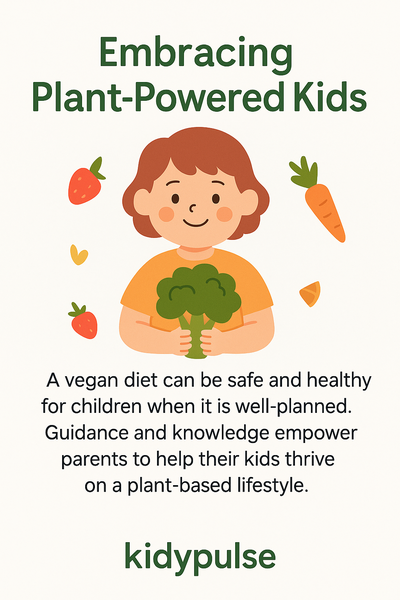 Infographic titled "Embracing Plant-Powered Kids" showing a smiling child holding broccoli with carrots, strawberries, and text highlighting the safety of a well-planned vegan diet for children.