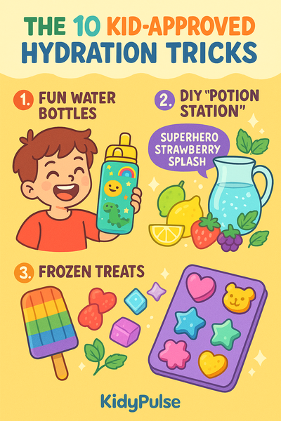 Colorful infographic titled "The 10 Kid-Approved Hydration Tricks" featuring three fun ideas: using playful water bottles, creating DIY fruit-infused water, and making frozen treats with fun-shaped ice cubes.