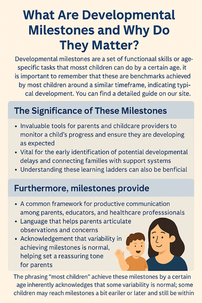 An infographic titled "The Wonderful Tapestry of Growth" illustrates four key areas of child development—Social and Emotional, Language and Communication, Cognitive, and Physical Development—using colorful icons and brief descriptions under each domain.