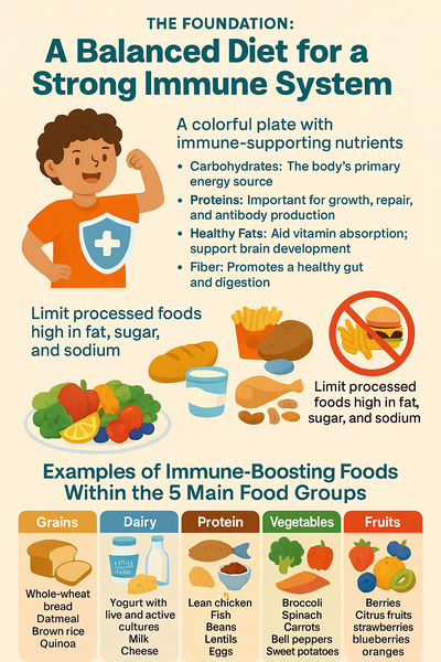 Infographic showing key immune-boosting vitamins and minerals for children, including Vitamin C, D, Zinc, and A, with food icons and dosage recommendations.