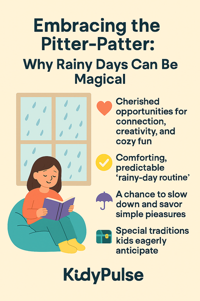 Infographic with title ‘Embracing the Pitter-Patter’ showing four reasons rainy days are magical, now branded with KidyPulse at the bottom.