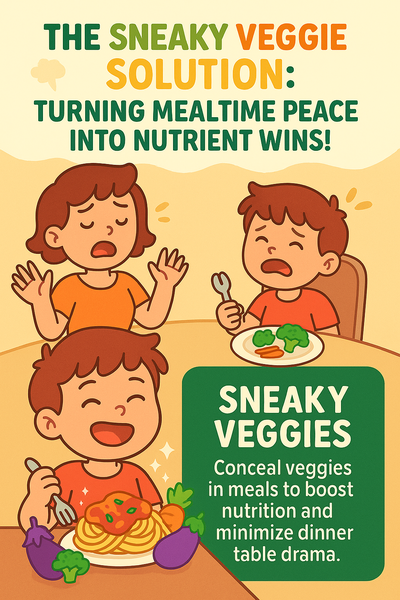 Infographic titled "The Sneaky Veggie Solution" showing a frustrated parent and child rejecting veggies, contrasted with a happy child enjoying spaghetti with hidden vegetables. Text promotes sneaky veggie tips to boost nutrition and reduce mealtime stress.