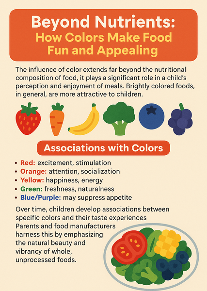 Infographic titled "Beyond Nutrients: How Colors Make Food Fun and Appealing" with colorful fruits and vegetables, highlighting how different colors affect children's food preferences and emotions.