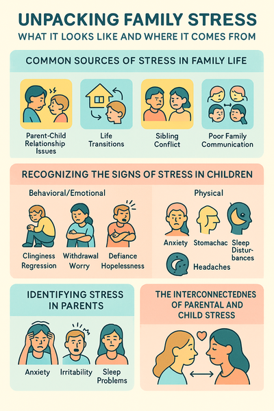 Infographic showing sources and signs of family stress in parents and children using soft pastel icons and minimal text.