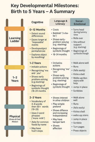Key developmental milestones for children from birth to five years, displayed as a ladder of growth across cognitive, physical, language, and social-emotional domains.