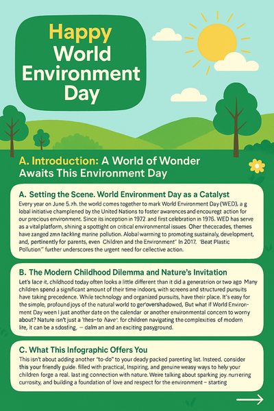 Infographic for World Environment Day highlighting the importance of outdoor play, connecting kids with nature, and practical ways to foster environmental awareness.