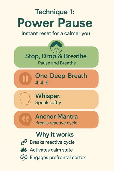 Vertical infographic titled “Technique 1: Power Pause – Instant reset for a calmer you” in soft green–coral tones. Panels:
• Stop, Drop & Breathe (serene face icon) – “One and Breathe.”
• One-Deep-Breath (pause icon) – “4-4-6.”
• Whisper, Don’t Yell (profile whisper icon).
• Anchor Mantra (quote-bubble icon) – “Breaks reactive cycle.”
Footer “Why it works” bullets with icons: chain break, lotus, brain.