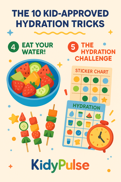 Infographic showing three hydration tips for kids—fun water bottles, fruit-infused "potion" water, and frozen treats—illustrated with cheerful drawings of a child, colorful fruits, and shaped ice cubes.