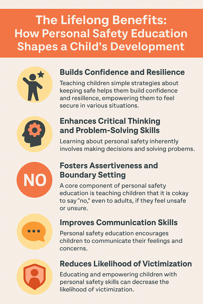 Infographic titled "The Lifelong Benefits of Personal Safety Education" illustrating key benefits: confidence and resilience, critical thinking, assertiveness, communication skills, and reduced victimization, with icons and brief descriptions for each.