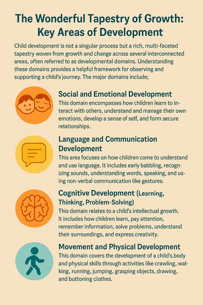 A colorful infographic titled "The Wonderful Tapestry of Growth" explains key areas of child development—social and emotional, language and communication, cognitive, and physical development—with icons and brief descriptions for each domain.