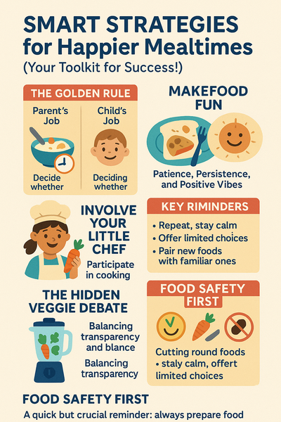 Smart Strategies for Happier Mealtimes" showing tips like involving kids in cooking, fun food presentation, balanced veggie strategies, and promoting positive, low-pressure eating habits.