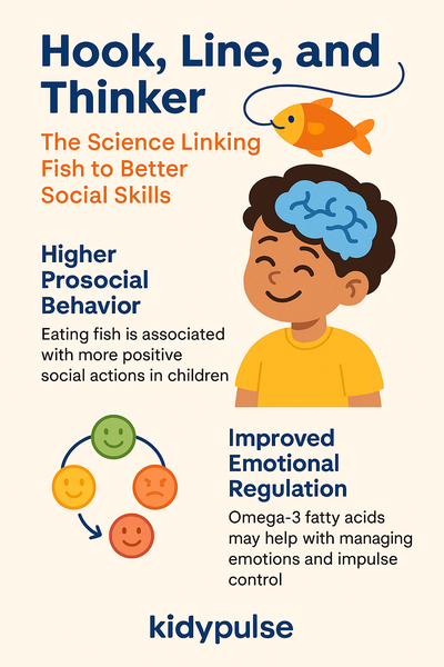 Infographic showing how eating fish supports children's social skills, highlighting improved prosocial behavior and emotional regulation, branded with "kidypulse" at the bottom.