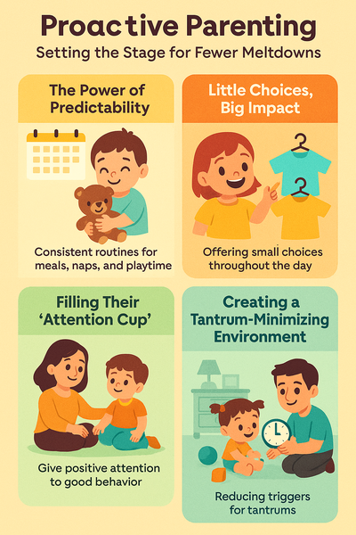 Infographic illustrating proactive parenting strategies to reduce toddler tantrums, including routines, offering choices, positive attention, and managing the environment.
