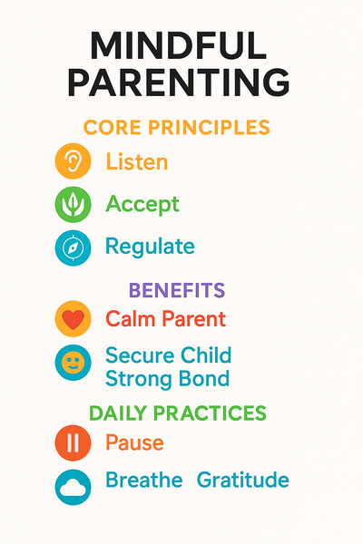 Infographic titled ‘Mindful Parenting’ with three sections—Core Principles (Listen, Accept, Regulate), Benefits (Calm Parent, Secure Child, Strong Bond), and Daily Practices (Pause, Breathe, Gratitude)—each paired with colorful icons.