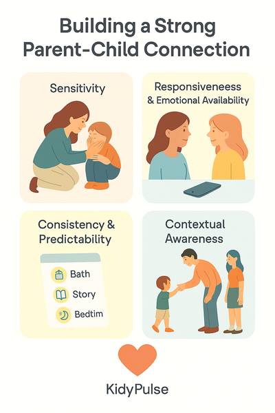 Infographic titled âWhy Strong Bonds Arenât Just Nice-to-HaveâTheyâre Essentialâ showing psychological, emotional, and cognitive benefits of parent-child connections.