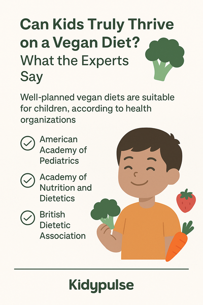Infographic showing the roles of pediatricians and dietitians in supporting vegan kids’ health, with illustrations and the KidyPulse logo at the bottom.