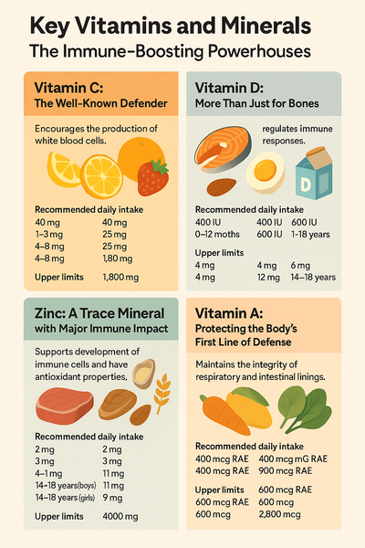 Colorful infographic titled ‘Key Vitamins and Minerals’ illustrating the immune-boosting roles of Vitamin C, Vitamin D, Zinc, and Vitamin A in children, with icons of related foods like citrus fruits, fish, dairy, and leafy greens, and dosage guidelines by age.