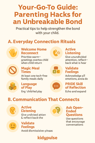 Infographic titled "Your Go-To Guide: Parenting Hacks for an Unbreakable Bond" featuring quick connection tips for parents like tech-free meals, bedtime routines, child-led play, active listening, and open-ended questions to strengthen the parent-child relationship.