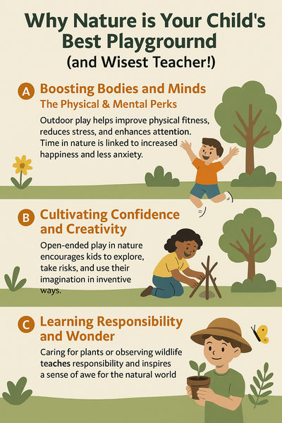 Infographic highlighting the benefits of nature for children, including physical and mental perks, boosting confidence and creativity, and teaching responsibility and wonder through outdoor play.