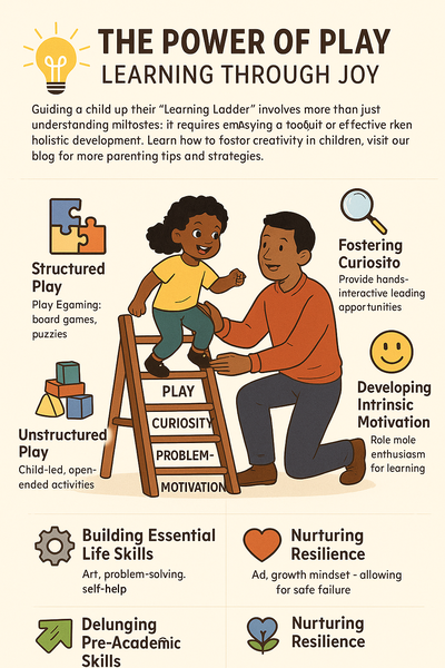 An educational digital illustration titled "The Power of Play," showcasing children engaging in joyful, skill-building activities that promote learning and development.