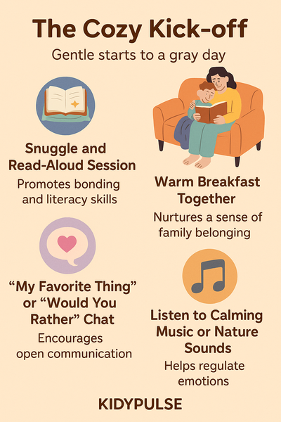 Infographic titled ‘The Cozy Kick-off’ with four gentle morning activities—reading, breakfast, chat games, and calming music—for rainy days.