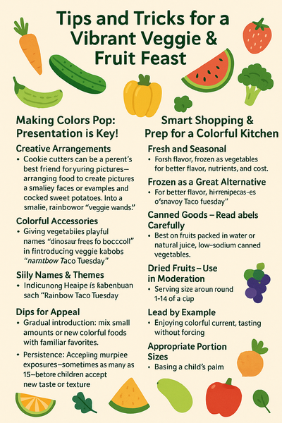 Infographic titled "Tips and Tricks for a Vibrant Veggie & Fruit Feast" with colorful illustrations of fruits and vegetables, offering fun, practical tips for presenting healthy foods to kids and encouraging picky eaters.