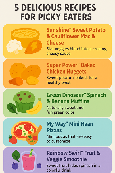 Infographic showing five kid-friendly recipes with colorful illustrations of each dish and key ingredients.