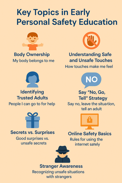 Infographic showing key personal safety topics for children, including body ownership, safe touches, trusted adults, and online safety.