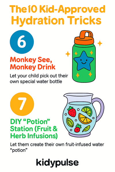 Kid-friendly infographic with tips for staying hydrated, featuring a happy child holding a decorated water bottle, fruit for DIY infusions, and colorful frozen treats in fun shapes.