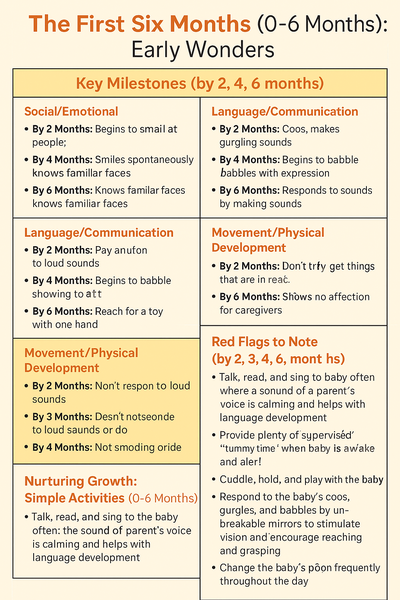 A colorful infographic titled "The First Six Months (0–6 Months): Early Wonders" showing developmental milestones in social/emotional, language, cognitive, and physical areas, along with red flags and nurturing tips for infants.
