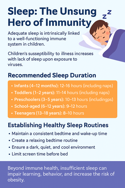 Infographic titled "Sleep: The Unsung Hero of Immunity" showing recommended sleep hours by age group and tips for healthy sleep habits in children.