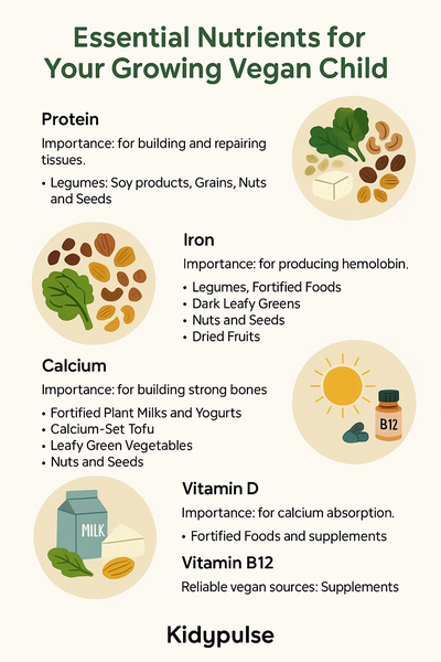 Infographic listing key supplements for vegan children including B12, vitamin D, DHA, calcium, iron, iodine, and zinc, with colorful icons and KidyPulse branding.