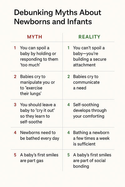Infographic titled 'The First Year - Debunking Myths About Newborns and Infants' with a side-by-side list of myths and corresponding realities in a clean, minimal layout