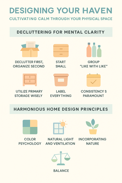 Infographic showing tips for creating a calm home through decluttering and design, with icons for organization strategies and harmonious elements like color, light, and nature.