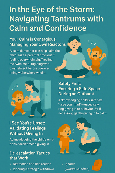 A flat-style infographic titled "In the Eye of the Storm: Navigating Tantrums with Calm and Confidence," featuring parenting tips for managing toddler tantrums, including staying calm, ensuring safety, validating feelings, and using de-escalation techniques like distraction, comfort, and cozy corners.