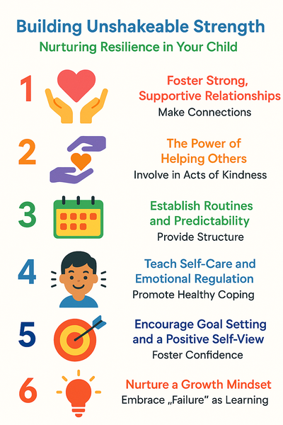 “Infographic ‘Building Unshakeable Strength’ lists six resilience tips: supportive relationships, helping others, routines, self-care, goal setting, growth mindset.