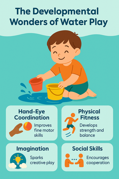 Infographic showing a child playing with water, highlighting four benefits of water play: improved hand-eye coordination, increased physical fitness, enhanced imagination, and better social skills.