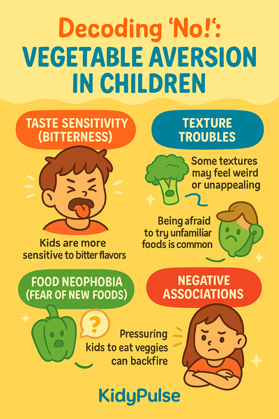 Infographic titled "Decoding 'No!': Vegetable Aversion in Children" with kid-friendly visuals explaining common reasons kids reject vegetables, including bitterness, texture, neophobia, and negative mealtime experiences. "KidyPulse" is shown at the bottom.