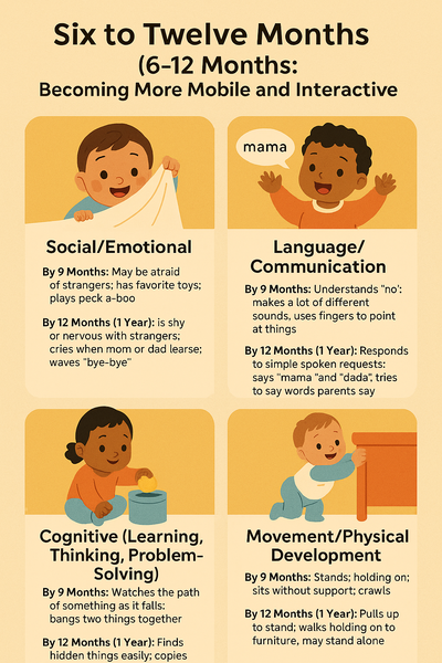 Infographic showing developmental milestones for babies aged 6–12 months, divided into four categories: Social/Emotional, Language, Cognitive, and Physical, with simple illustrations of babies.
