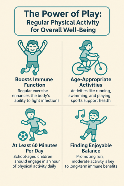 infographic titled 'The Power of Play: Regular Physical Activity for Overall Well-being' showing children engaging in various physical activities such as biking, running, and jumping, with visual highlights on immune system benefits and daily activity recommendations.